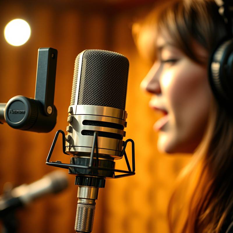 Um close-up de um microfone Neumann U87 no estúdio de gravação, capturando a voz de um cantor